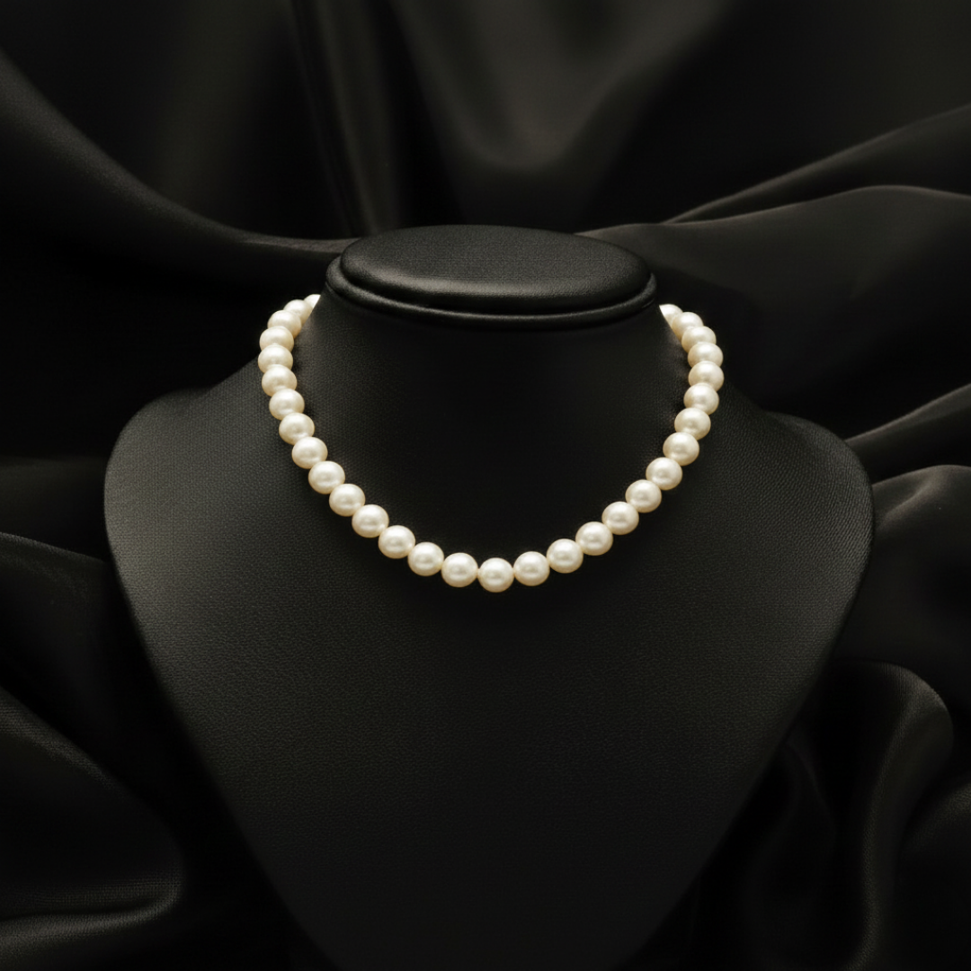 Faux pearl necklace on a black mannequin bust with a black background.