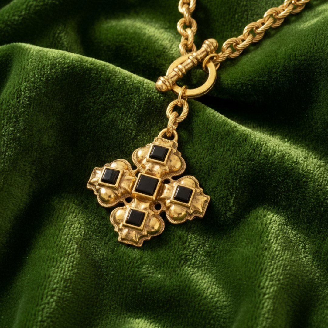 Black onyx cross necklace pendant with gold tone toggle chain resting on a green fabric surface