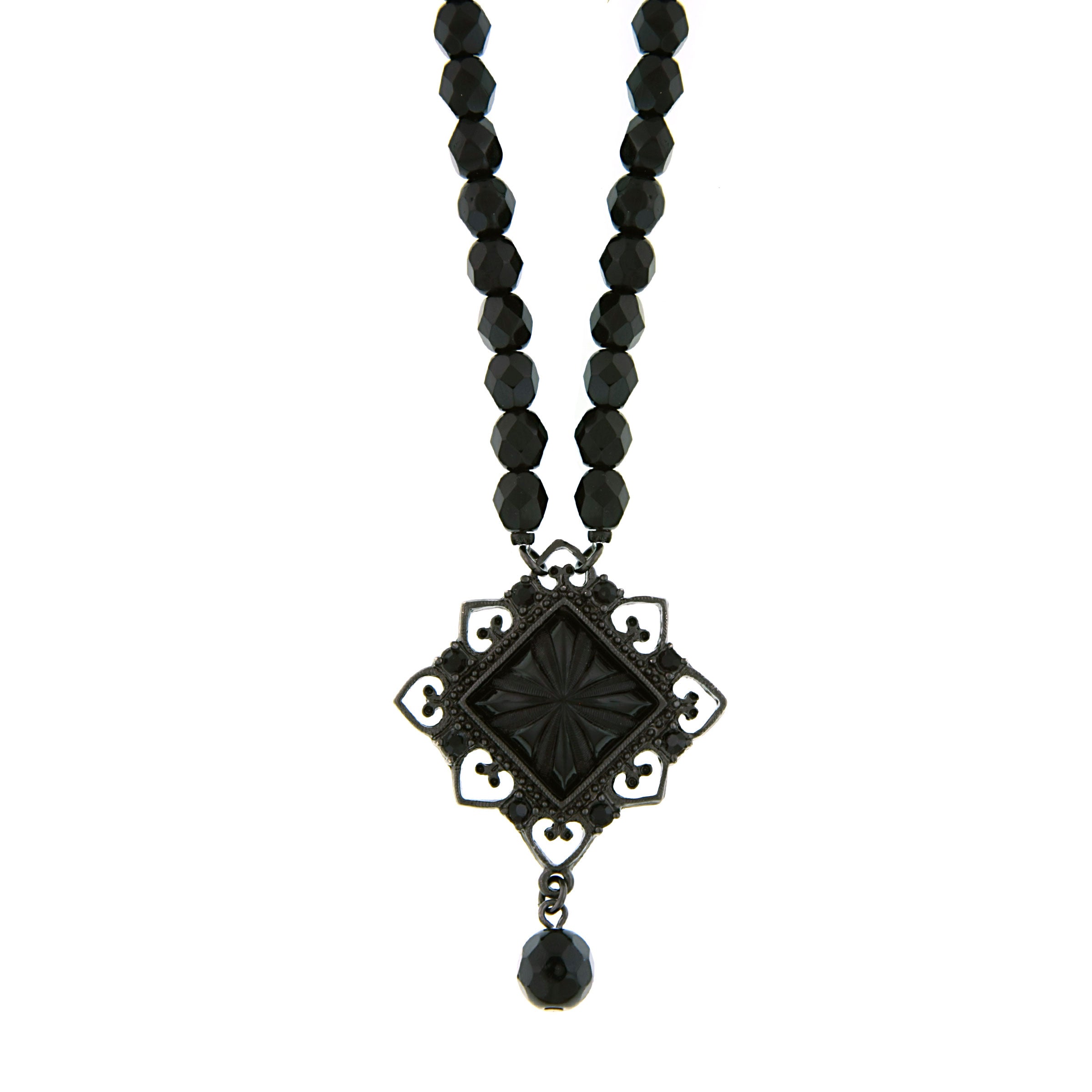 2028 Jewelry Black Square Beaded Pendant Necklace 15" + 3" Extender