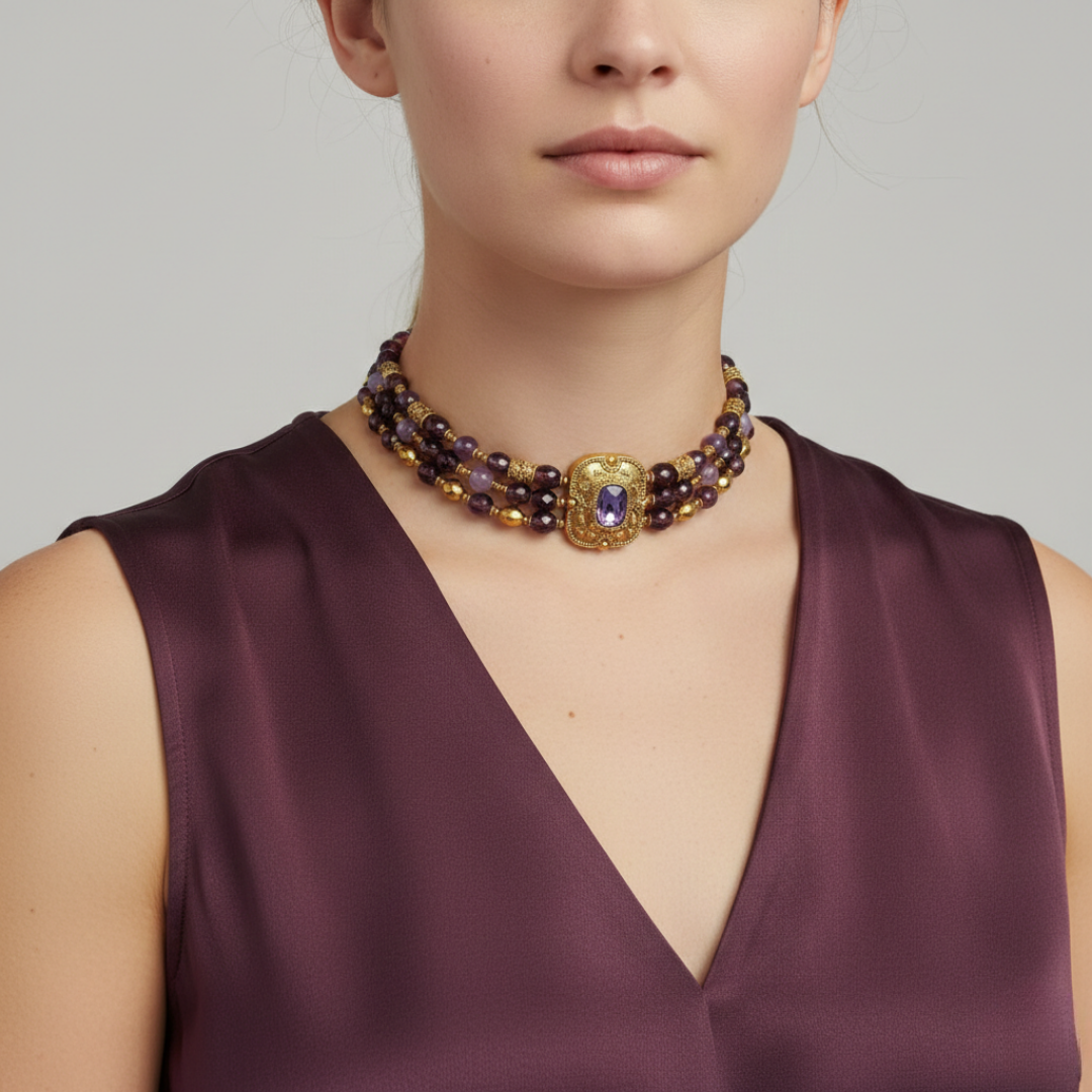 Woman wearing a purple dress with a gold and purple beaded necklace against a gray background
