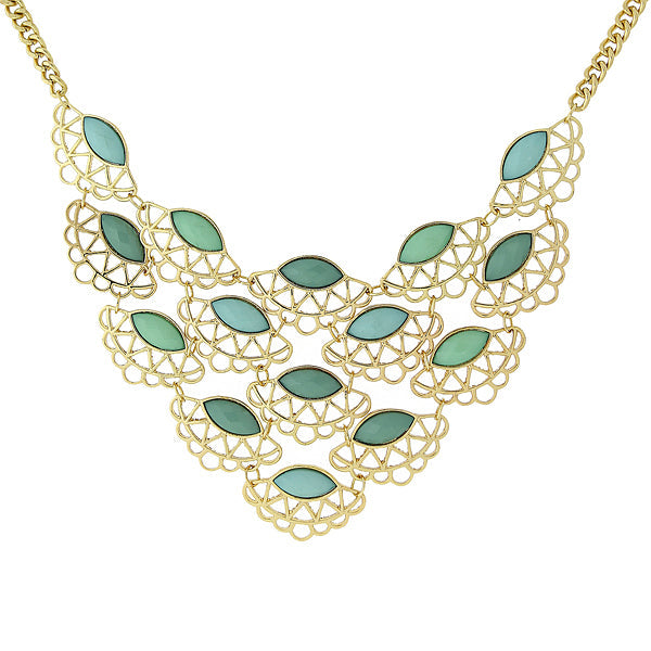 1928 Jewelry Turquoise Stone Filigree Bib Necklace 16" + 3" Extension