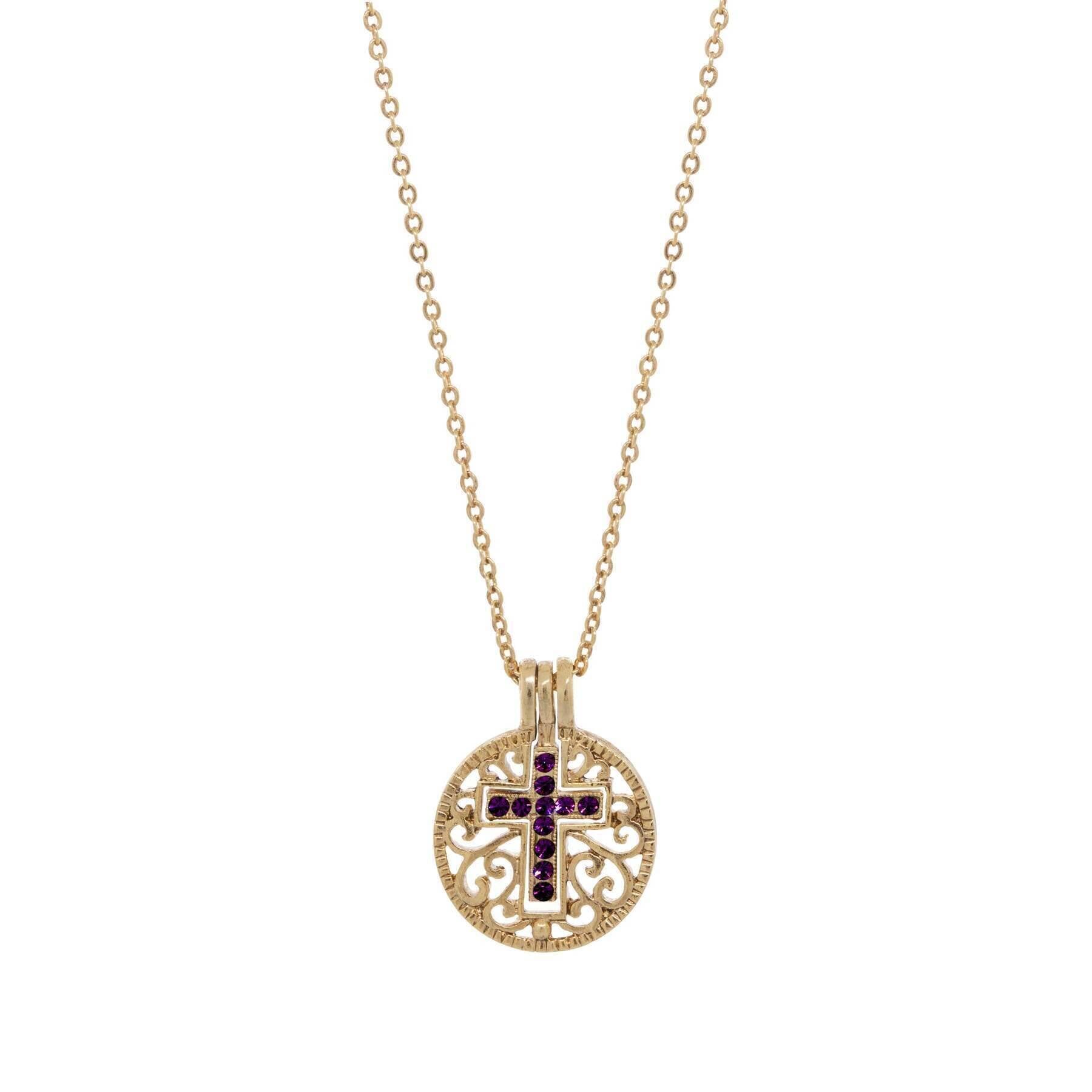 Symbols Of Faith Round Filigree Birthstone Crystal Swinging Cross Pendant Necklace 18"