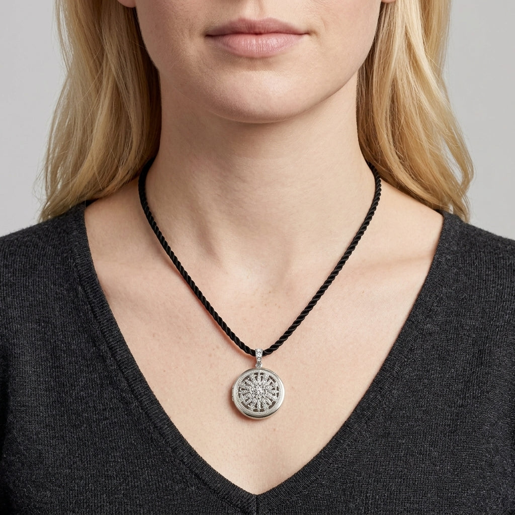 Person wearing a necklace with a circular locket pendant on a plain background