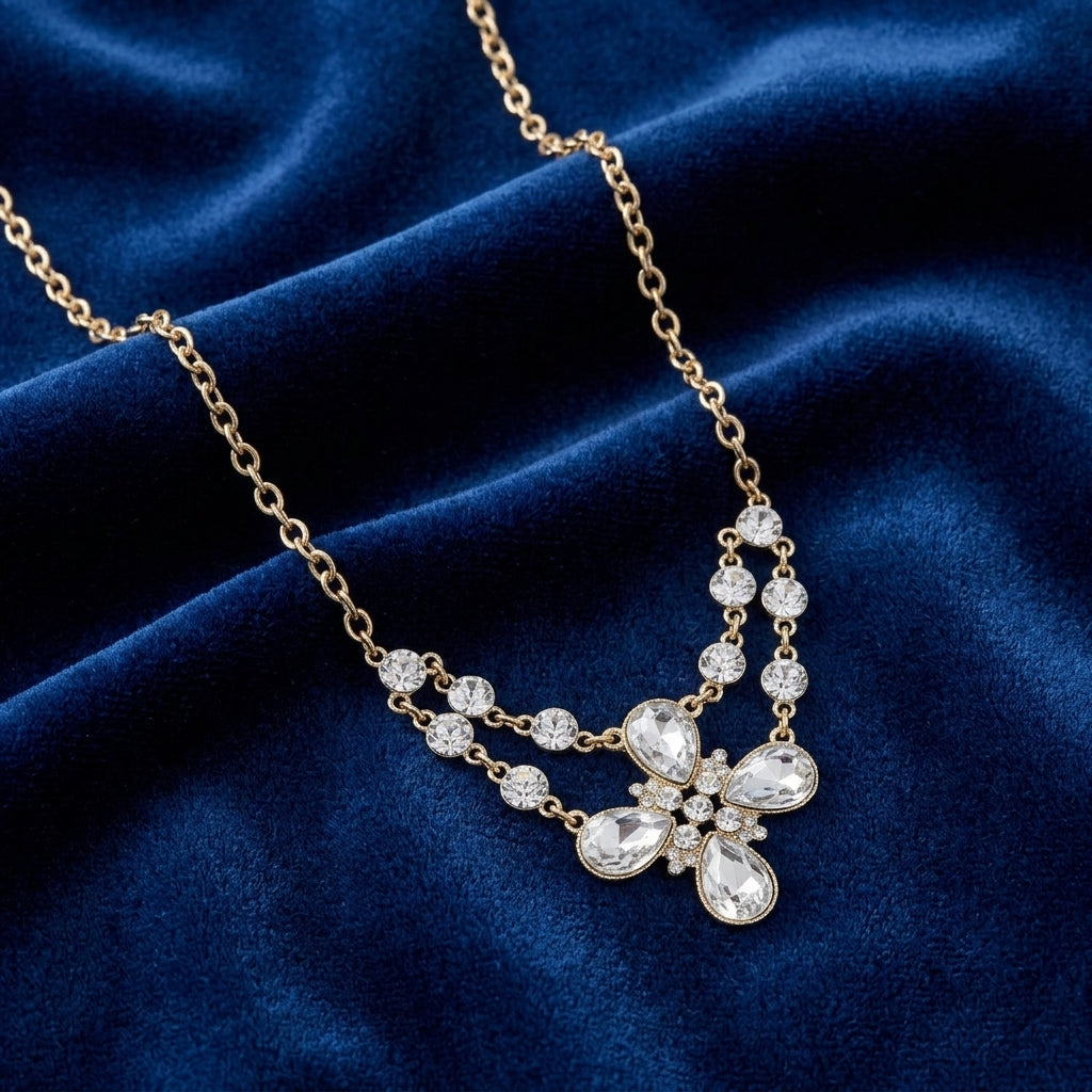 Clear Crystal Flower Necklace on a blue velvet background