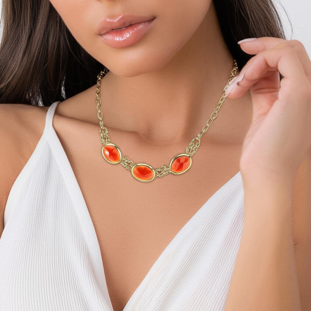 2028 Jewelry Triple Oval Faceted Stone Collar Necklace 16" + 3" Extender