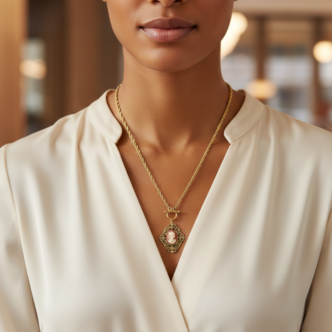 Woman wearing a gold necklace with a red cameo pendant in an indoor setting.