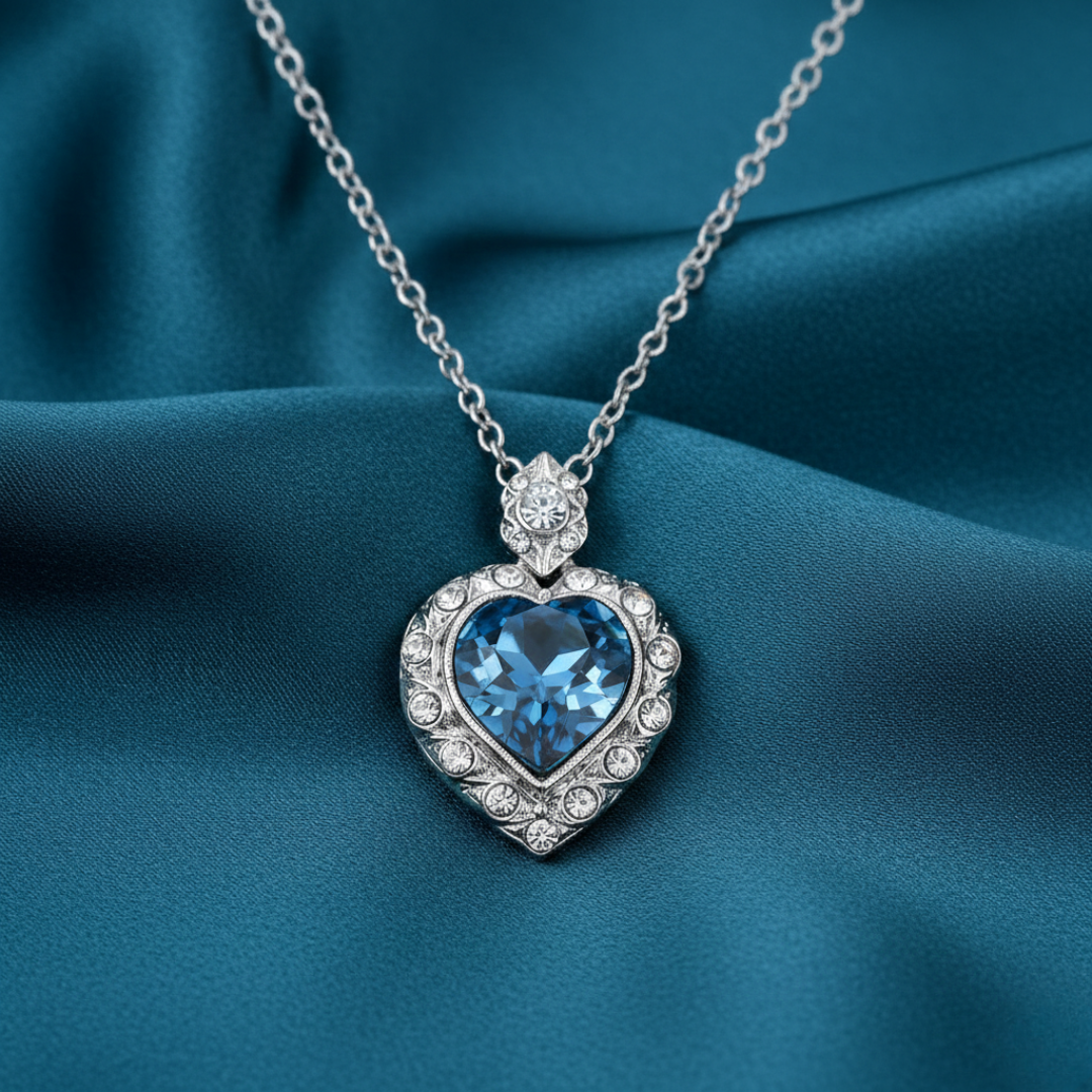 Heart-shaped necklace with blue gemstone and silver chain on a blue fabric background
