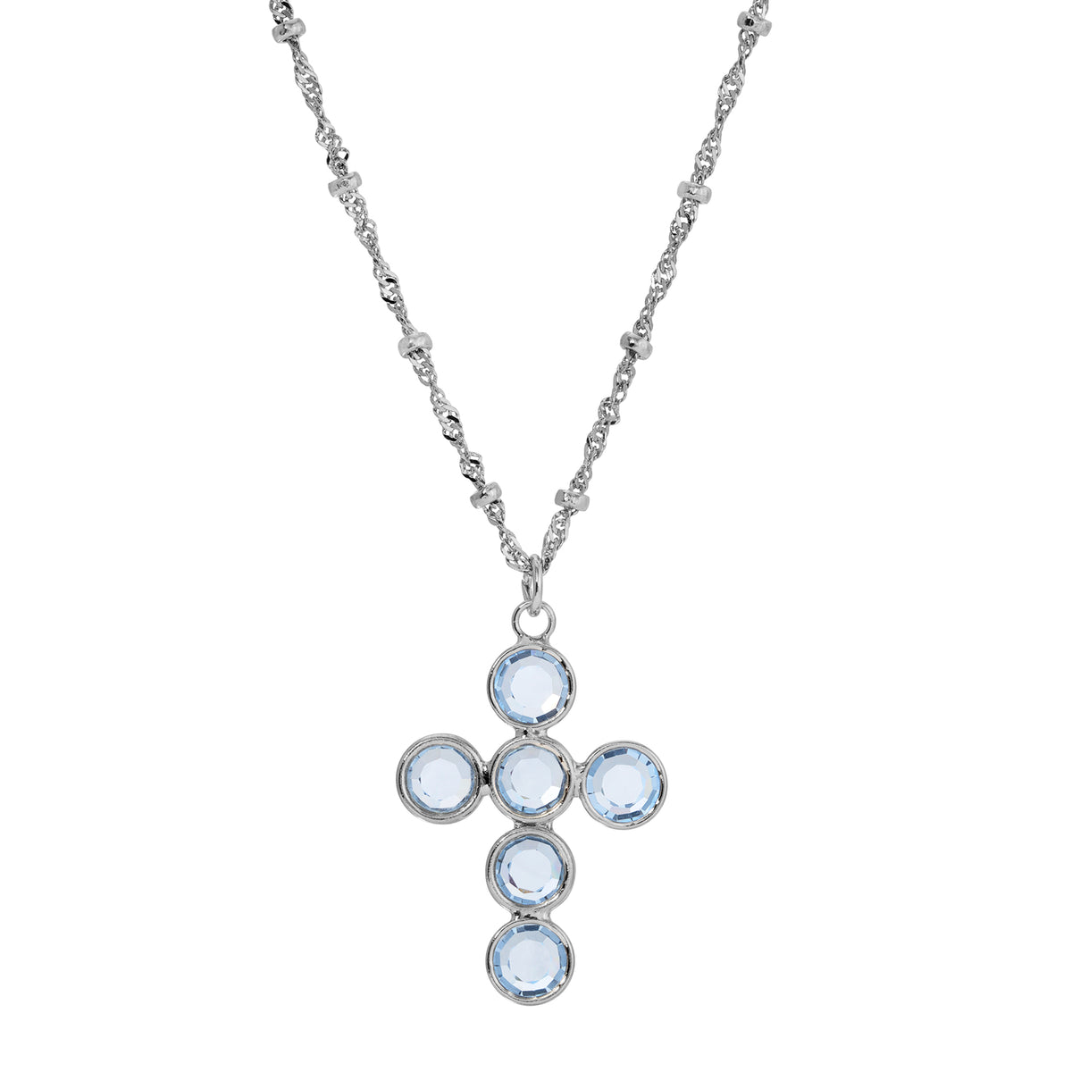 Silver Tone and Round Light Blue Austrian Crystal Pendant Cross Necklace 16" + 3" Extension