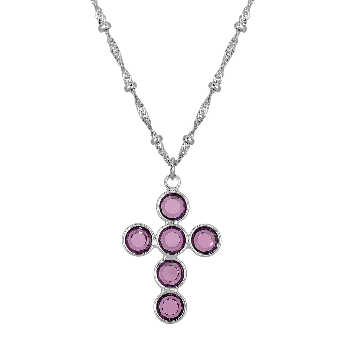 Silver Tone and Round Purple Austrian Crystal Pendant Cross Necklace 16" + 3" Extension