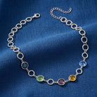 Genuine Multi Color Austrian Crystal Channel Necklace on blue fabric 