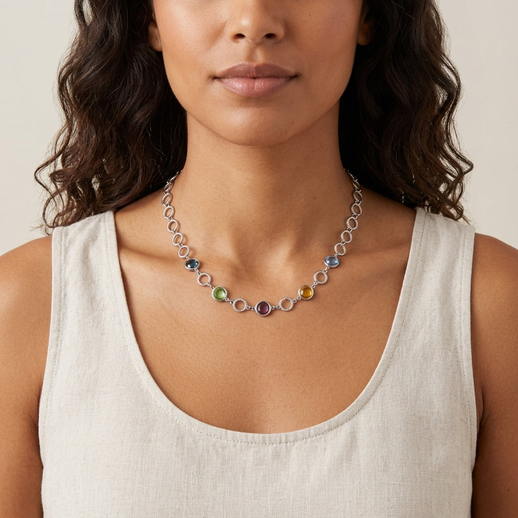 Woman wearing a Genuine Multi Color Austrian Crystal Channel Necklace
