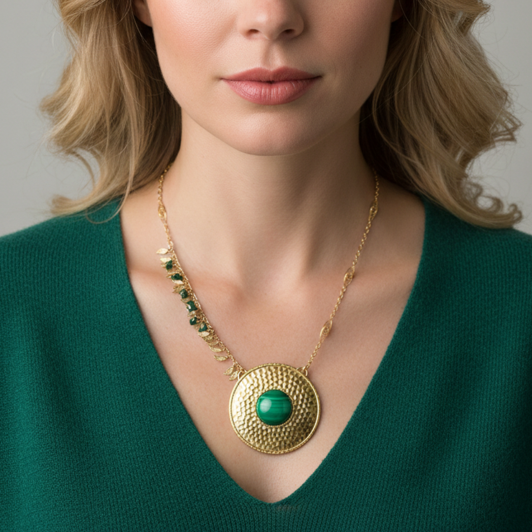 Woman wearing a gold necklace with a green pendant against a neutral background