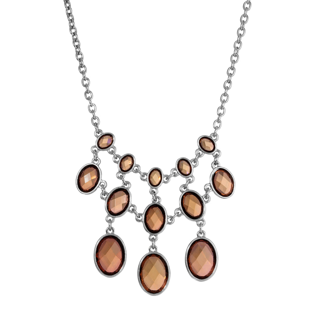 1928 Jewelry Oval Faceted Light Brown Stone Bib Necklace 16" + 3" Extender