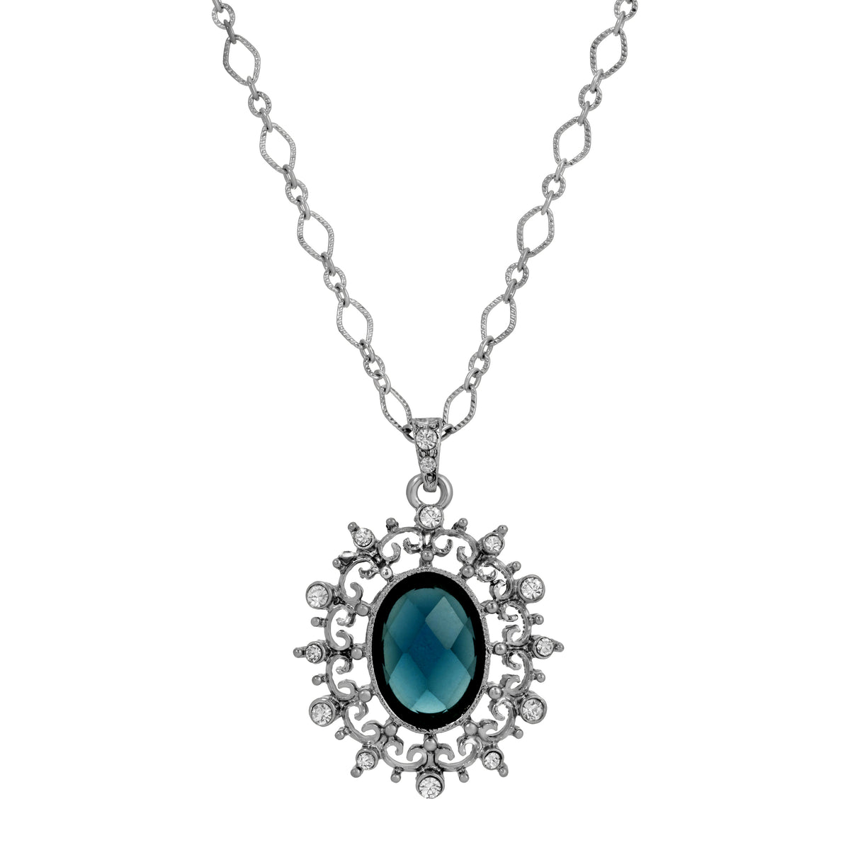 Blue Stone And Crystal Oval Pendant Necklace 16" + 3" Extender 