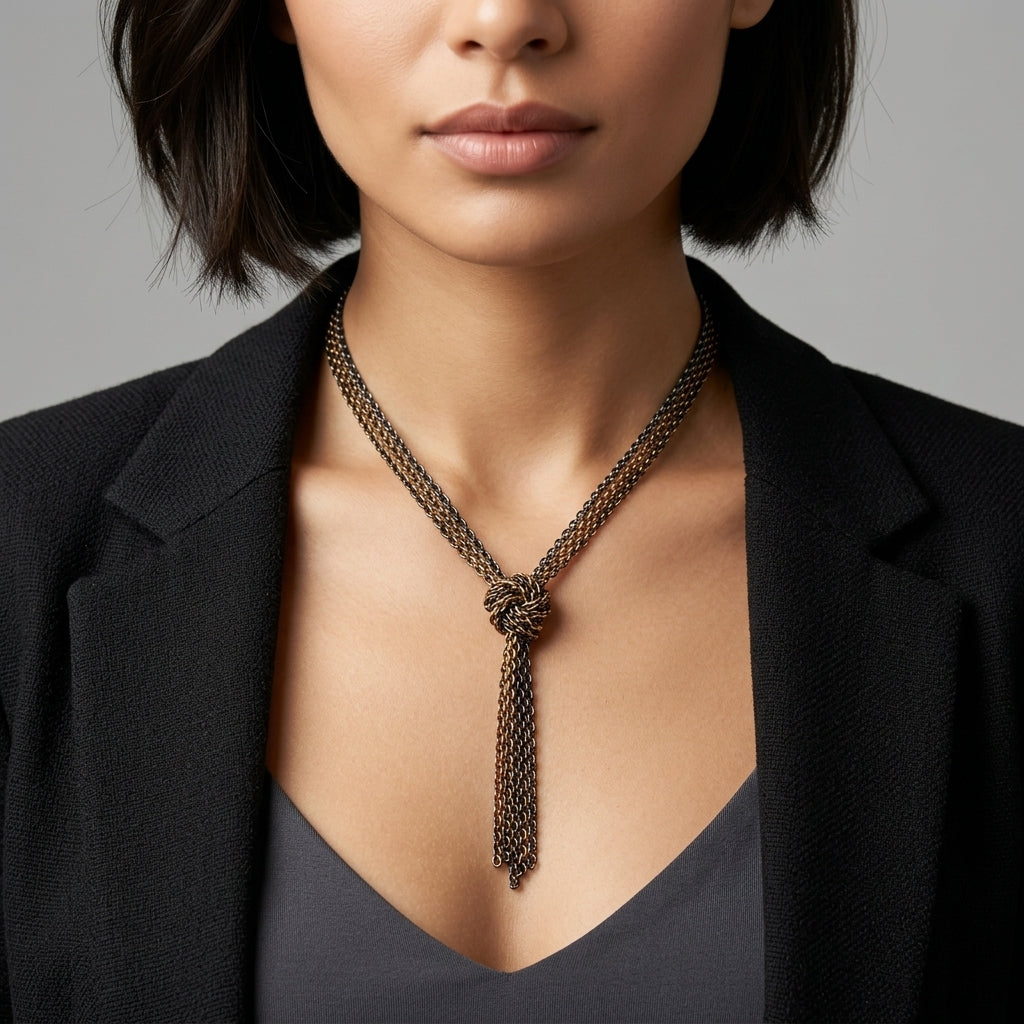 Model in a black blazer wearing our Eclipse Black And Gold Chain Tassel Knotted Necklace 16" + 3" Extender