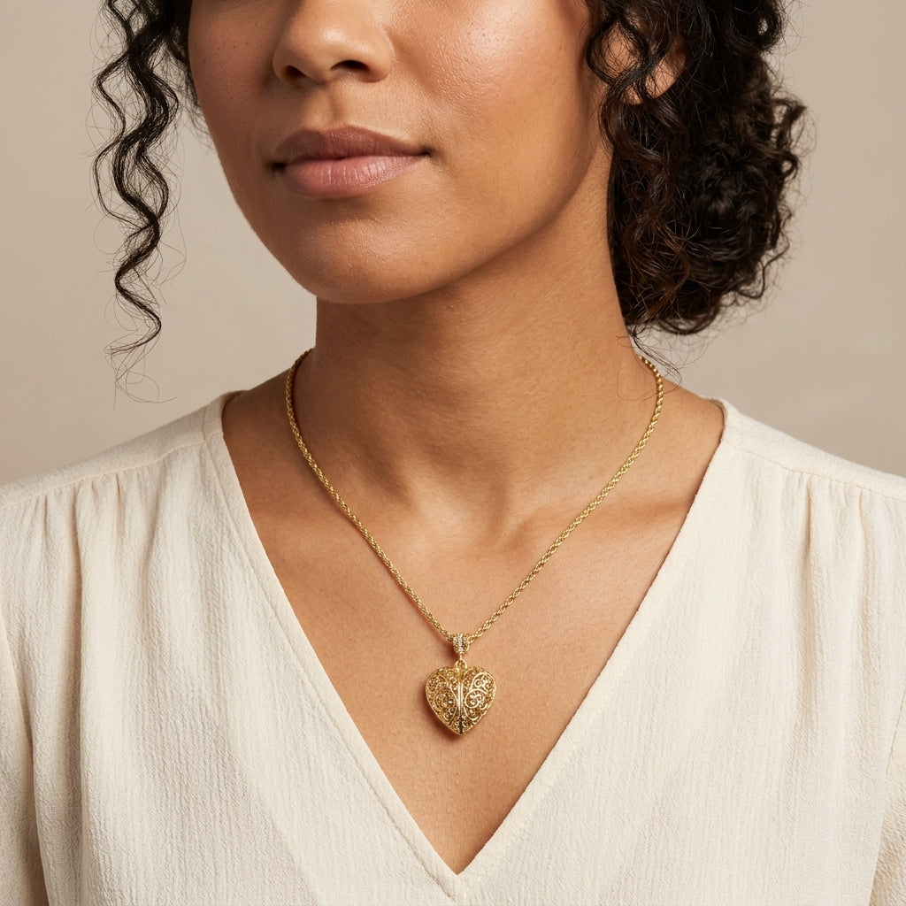 Woman with a light cream top wearing a Filigree Heart With Austrian Crystal Accent Pendant Necklace