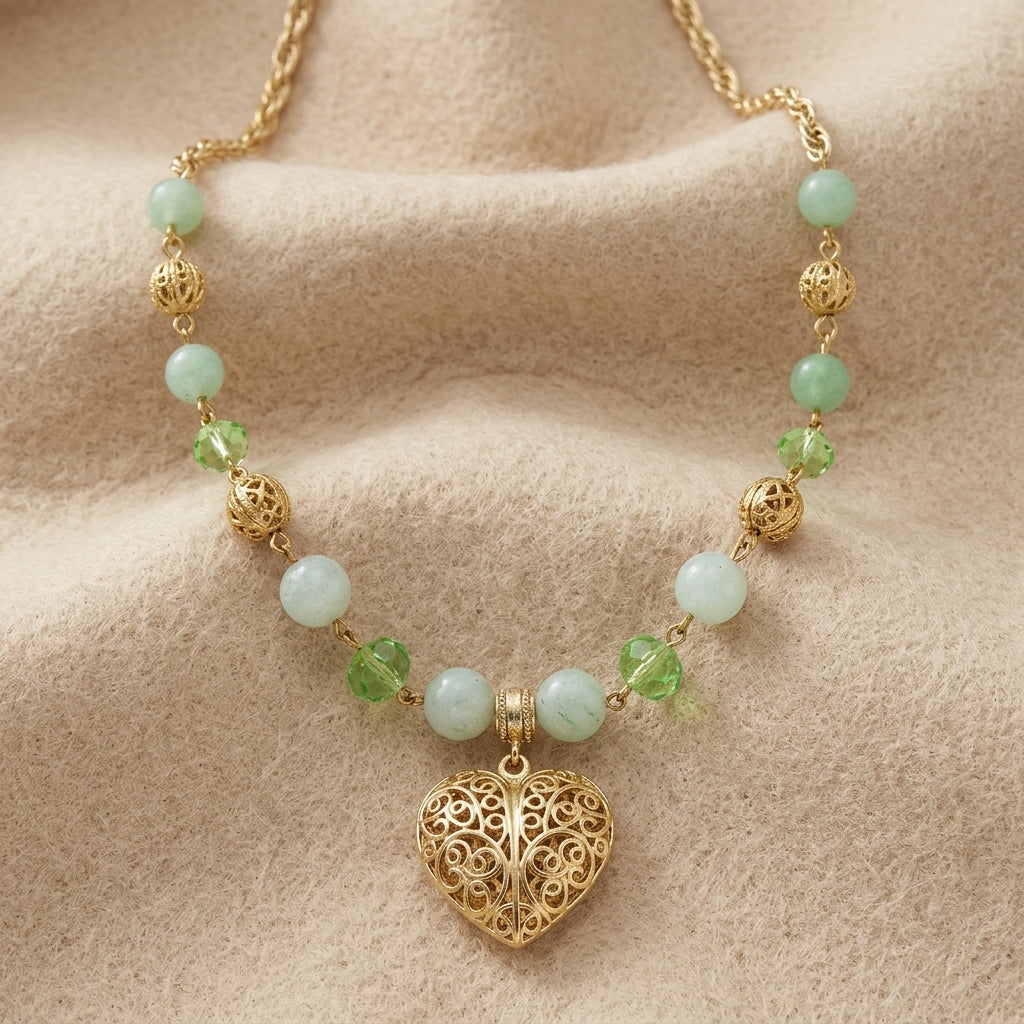 A gold filigree heart pendant necklace with light green and milky aventurine beads, displayed on a soft beige fabric background.