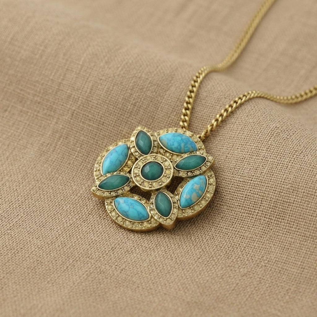 Necklace with a turquoise pendant on a beige fabric background