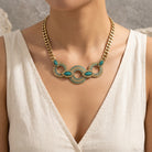 Gold necklace with turquoise stones worn by a person in a white top.
