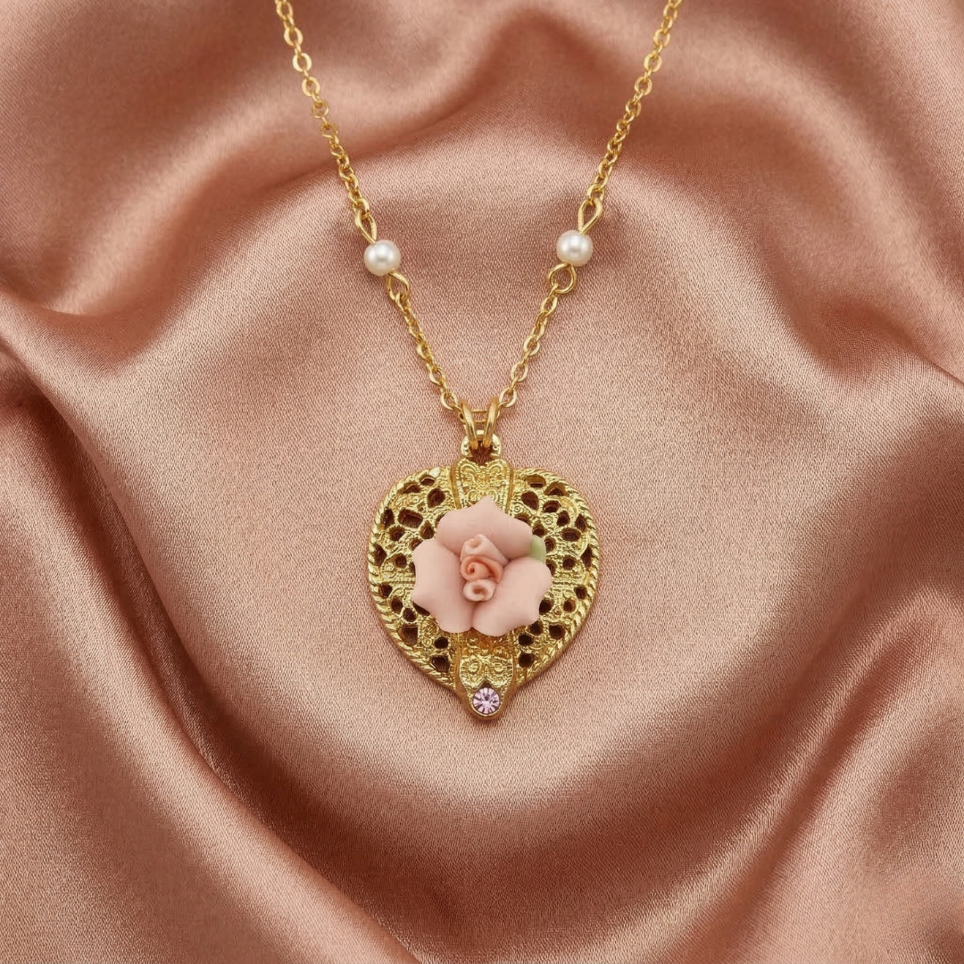 Gold necklace chain and faux pearl accents with a heart-shaped pendant featuring a pink porcelain rose on a pink satin background