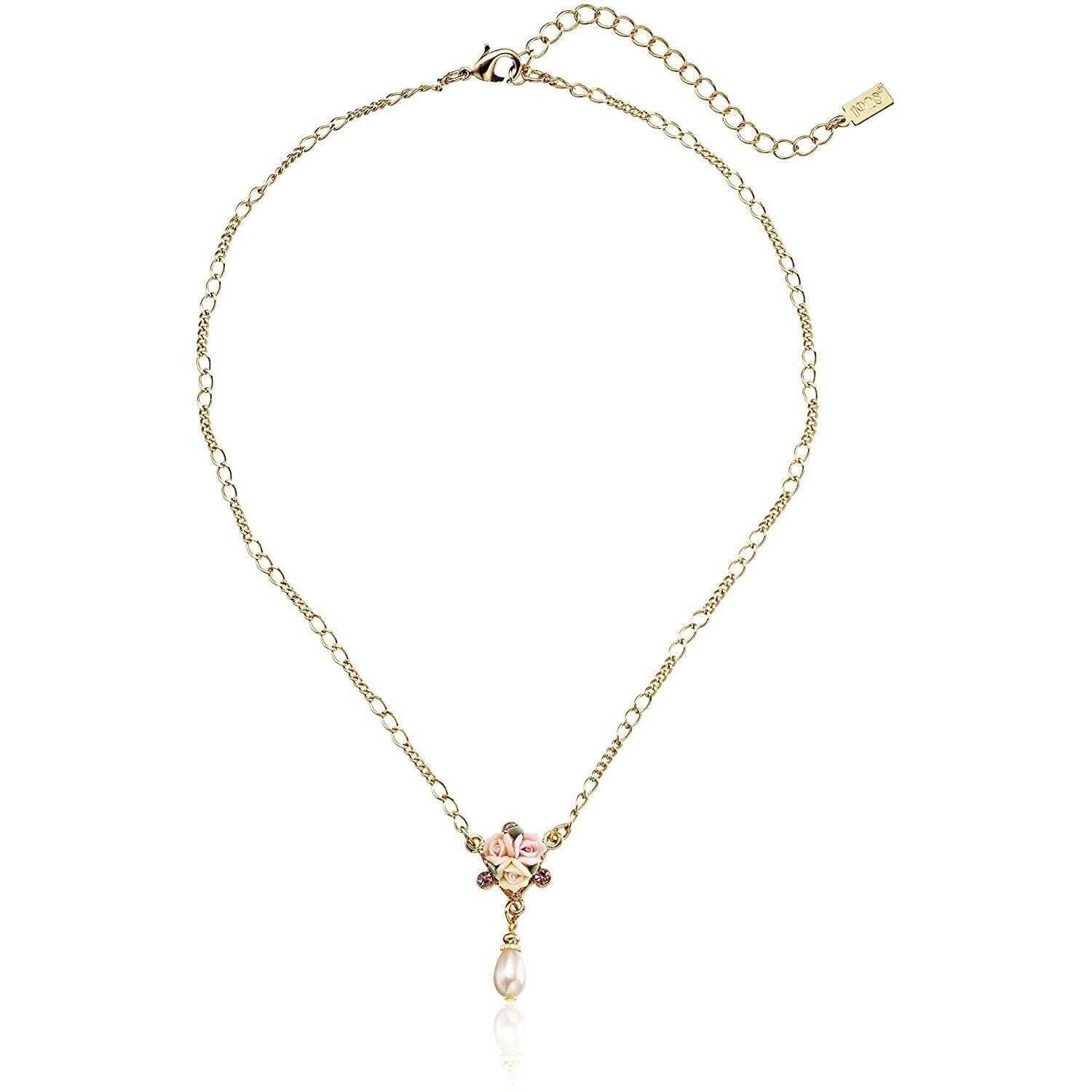 1928 Bridal Crystal Ivory And Pink Porcelain Rose Faux Pearl Necklace 16" + 3" Extender