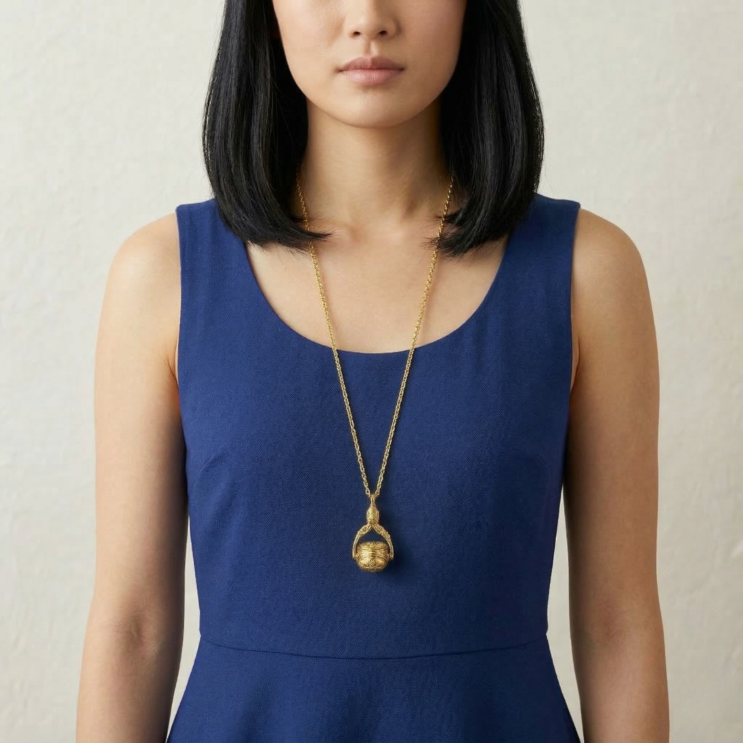 Woman wearing a blue dress and gold spinner pendant necklace against a neutral background