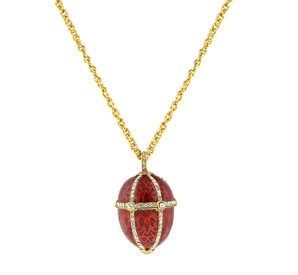 Trellis Red Enamel Rhinestone Egg Pendant Locket Necklace 30"