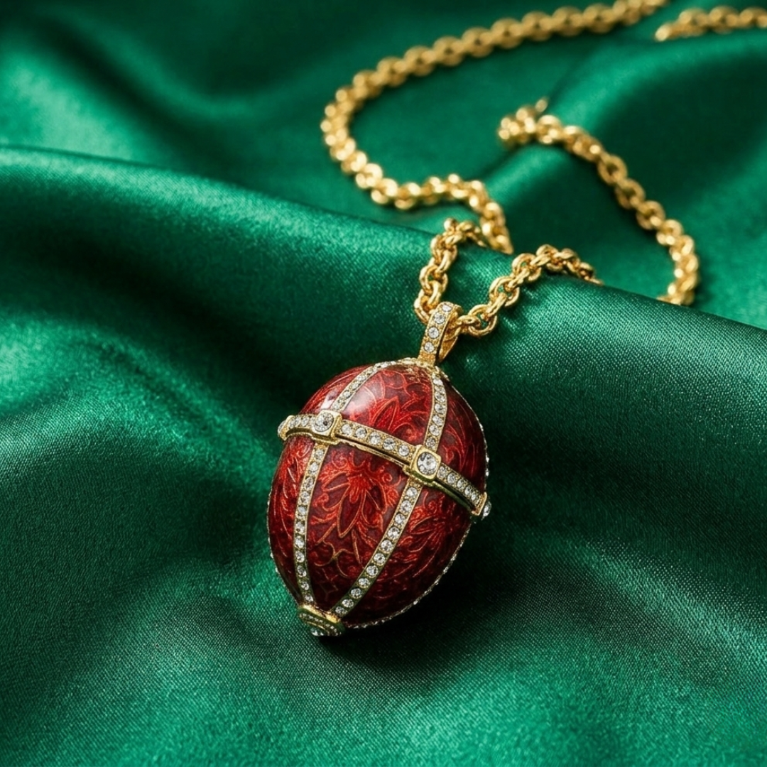 Red egg-shaped pendant with several crystals on a gold chain put against green fabric