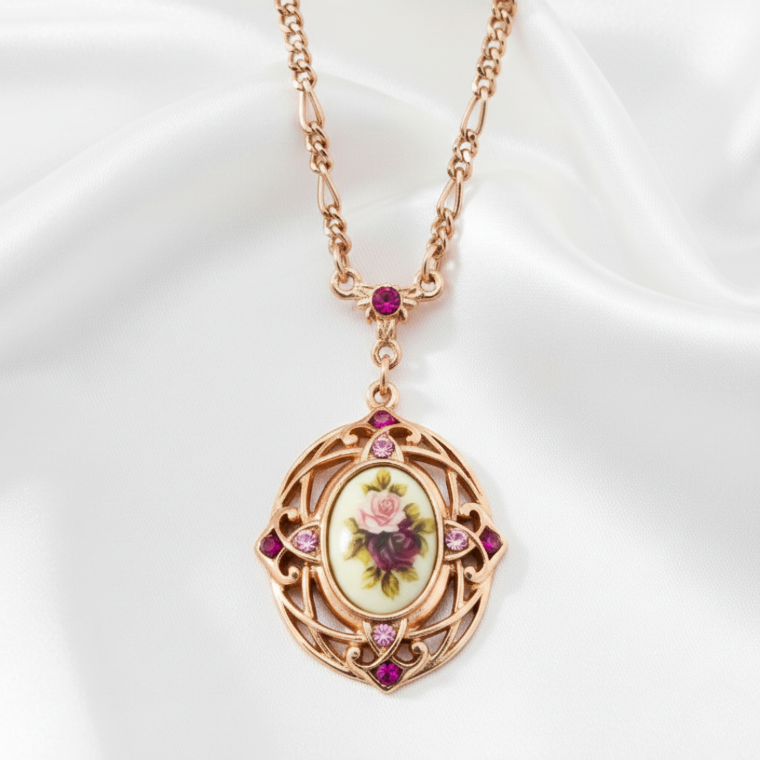 Rose gold necklace with floral pendant on a white background.