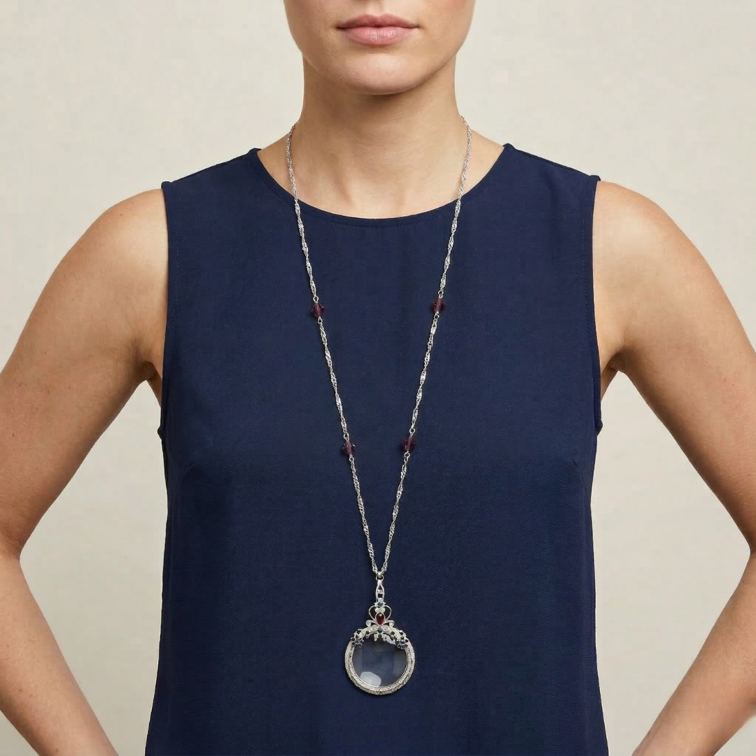Woman wearing a long silver necklace with purple crystals and a magnifying glass pendant against a neutral background