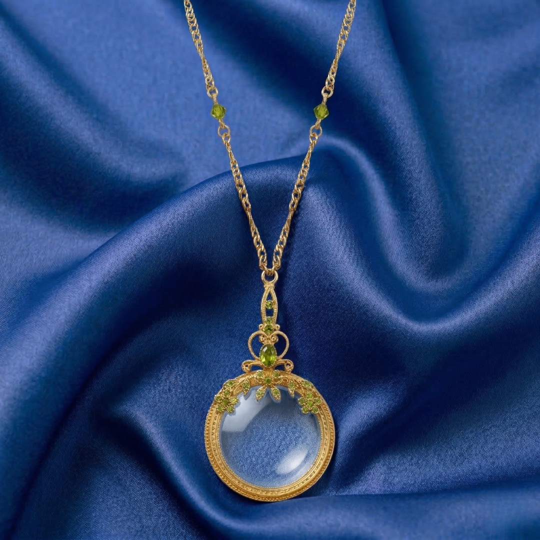 Gold necklace with a magnifying glass pendant and green crystal accents on a blue fabric background