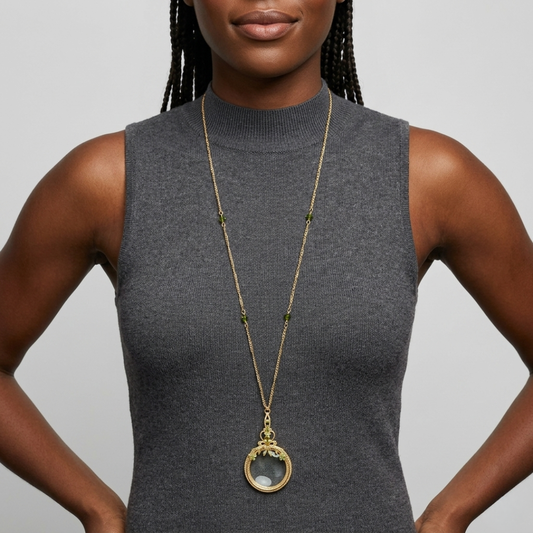 Woman wearing a long gold necklace with green crystals and a magnifying glass pendant against a neutral background