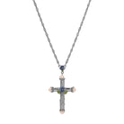 Blue Rose Enamel Cross Pendant Necklace 30"
