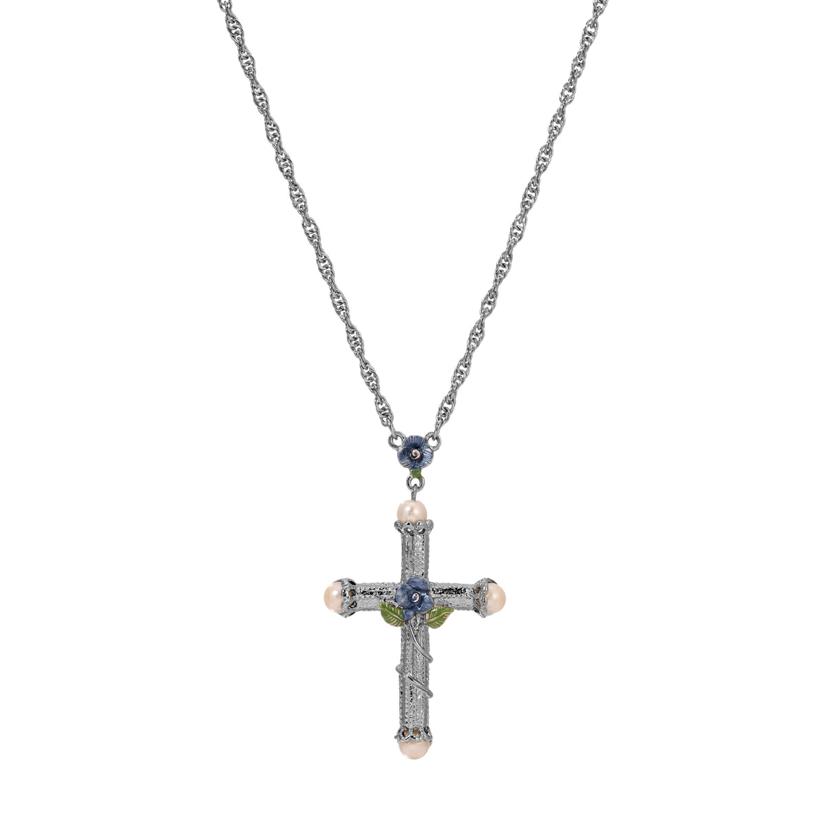 Blue Rose Enamel Cross Pendant Necklace 30"