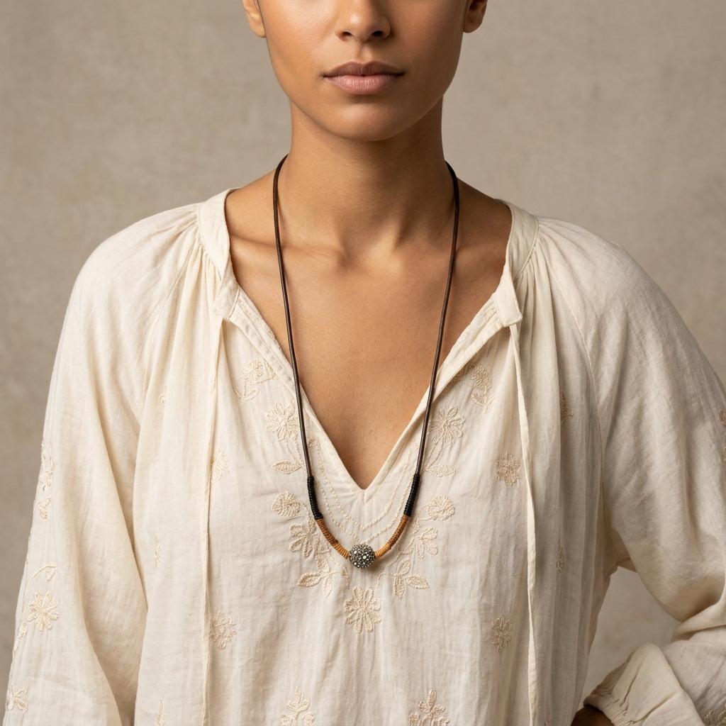 Bohemian style model wearing a Black Diamond Fireball Crystal Brown Leather Cord Linen Wrapped Necklace