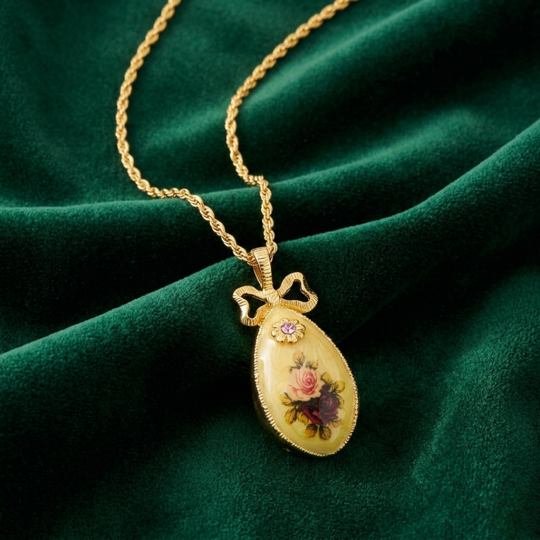 Gold necklace with a decorative floral pendant and pink crystal on a green fabric background