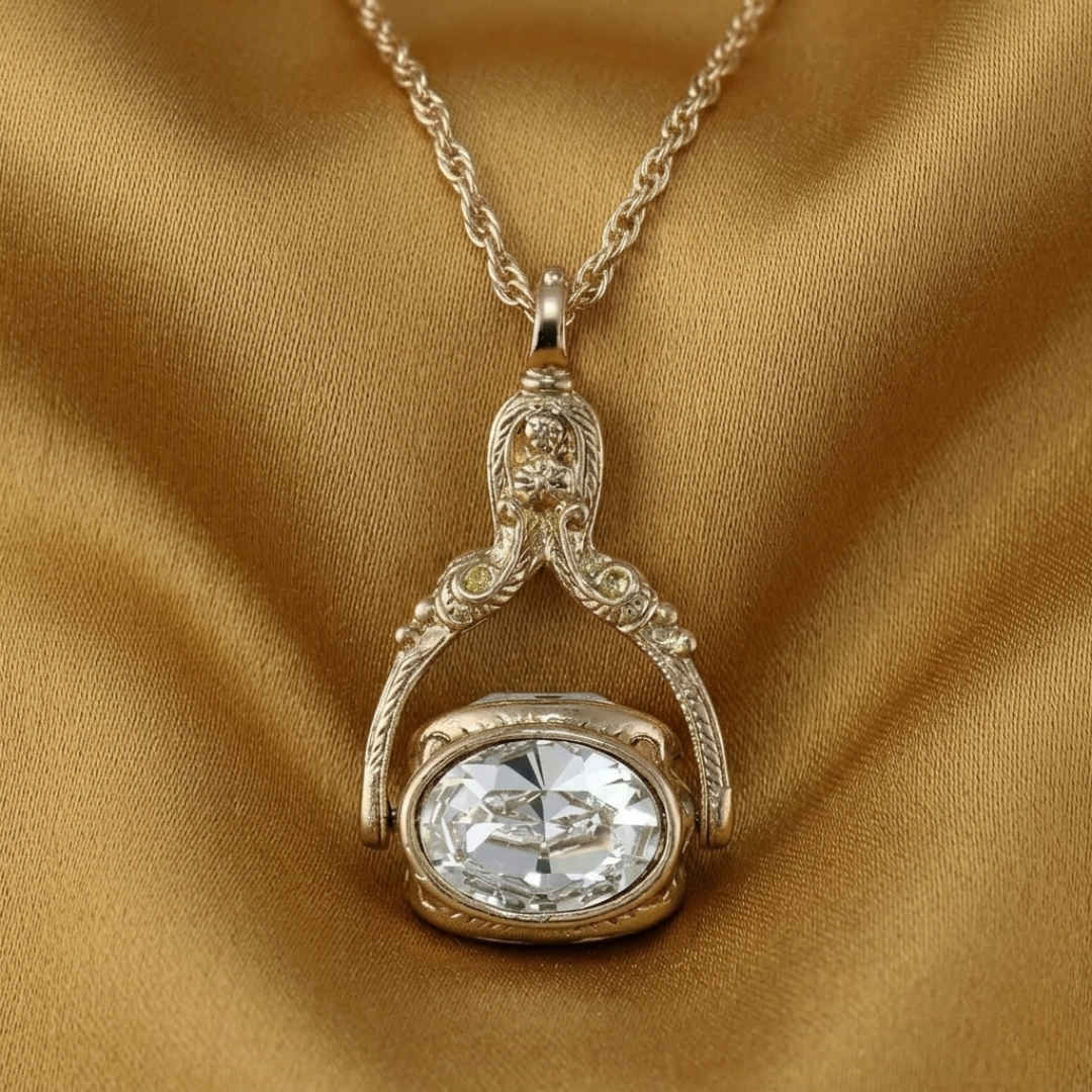 Gold necklace with a pendant featuring a large clear crystal on a gold fabric background