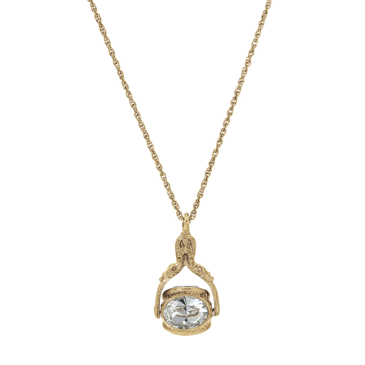 Gold Tone Vintage-Inspired Rotating 3 Sided Clear Crystal Spinner Pendant Necklace 30"