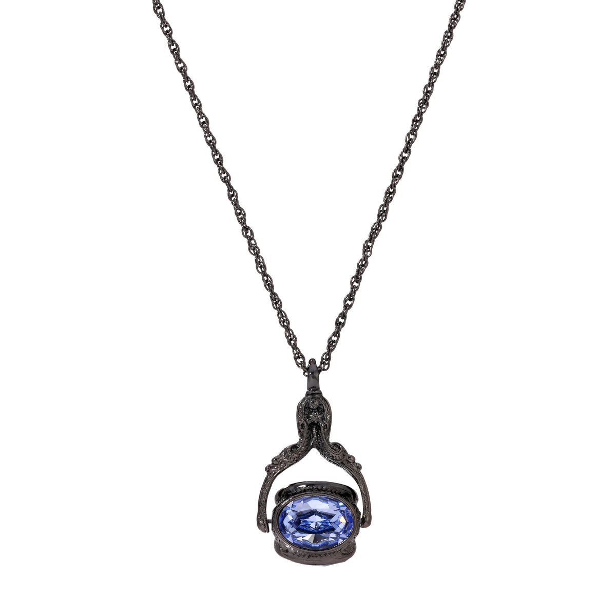 Black Tone Vintage-Inspired Rotating 3 Sided Blue Crystal Spinner Pendant Necklace 30"