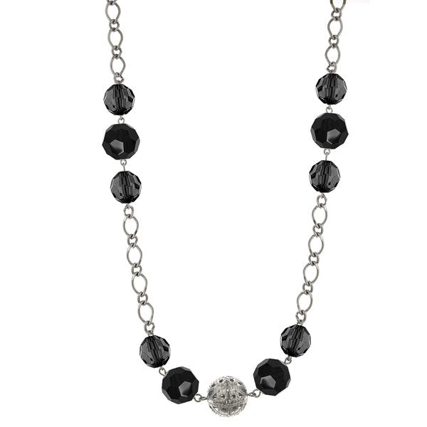 Silver & Black Beaded Long Chain Necklace 44"
