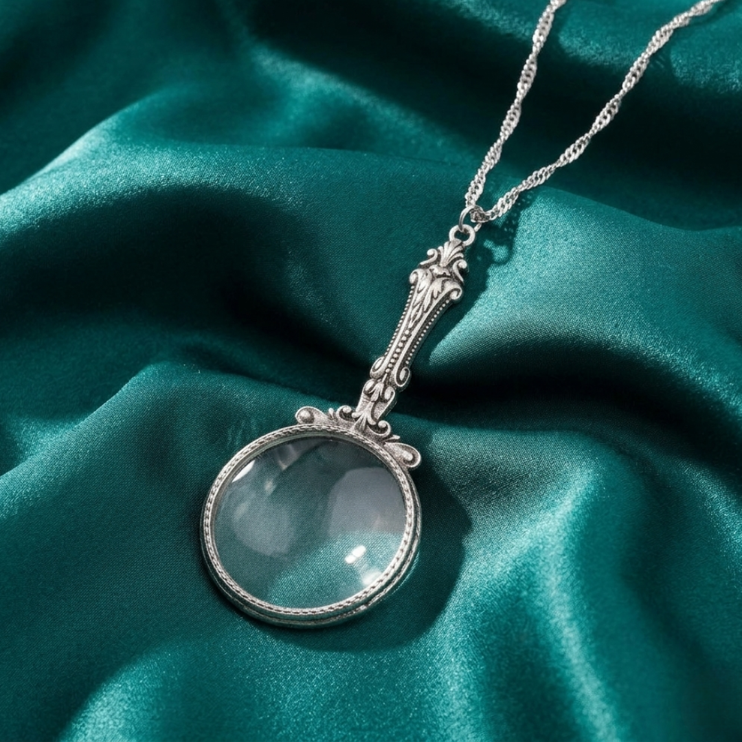 Silver magnifying glass pendant necklace on a teal fabric background