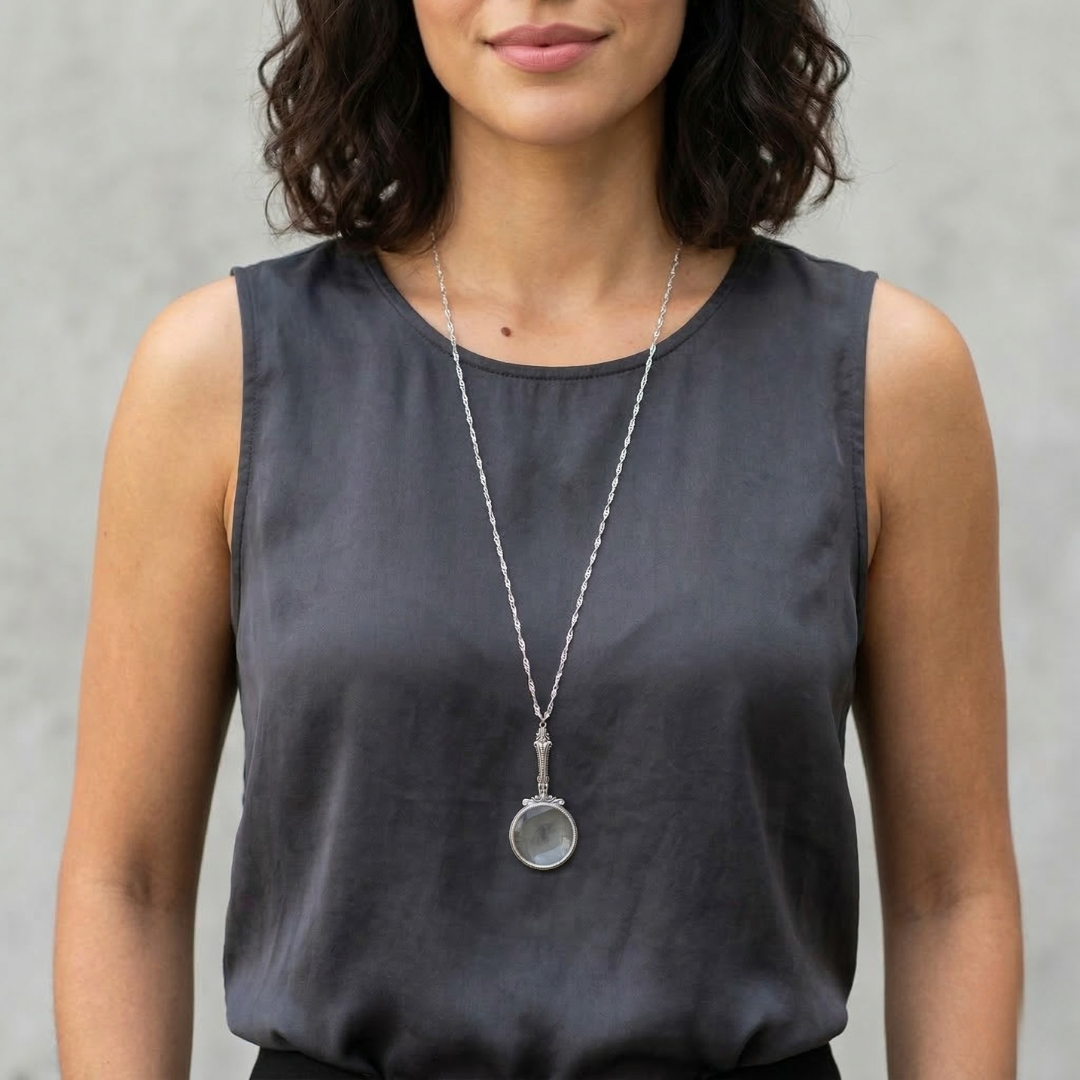 Woman wearing a long silver necklace with a magnifying glass pendant against a neutral background