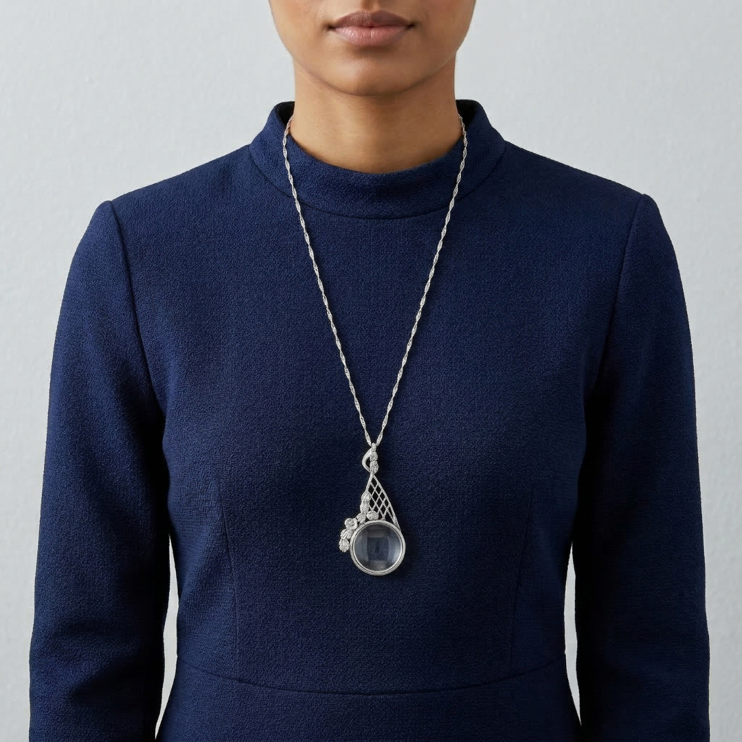 Person wearing a long necklace with a magnifying glass pendant against a plain background