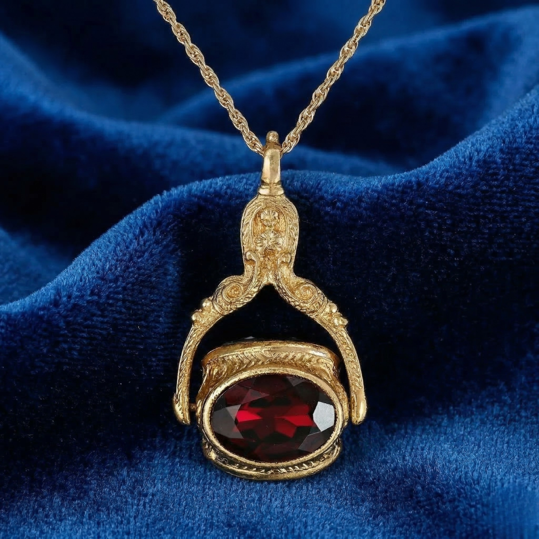 Gold pendant spinner necklace with a red crystal on a blue fabric background