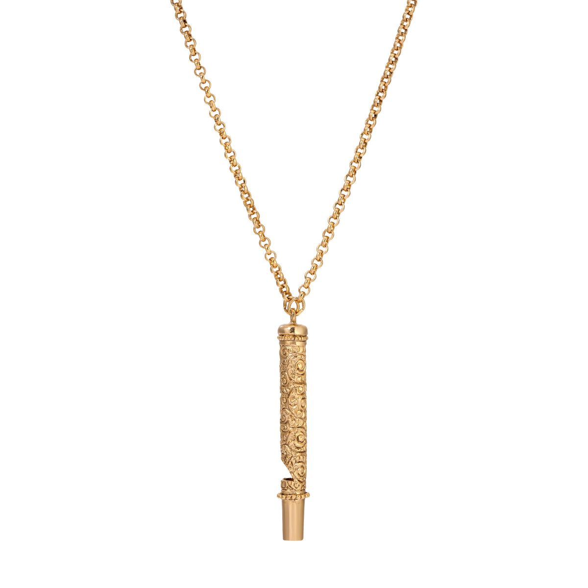 Side angle of our Etched Filigree Vintage Style Whistle Pendant Necklace 30"