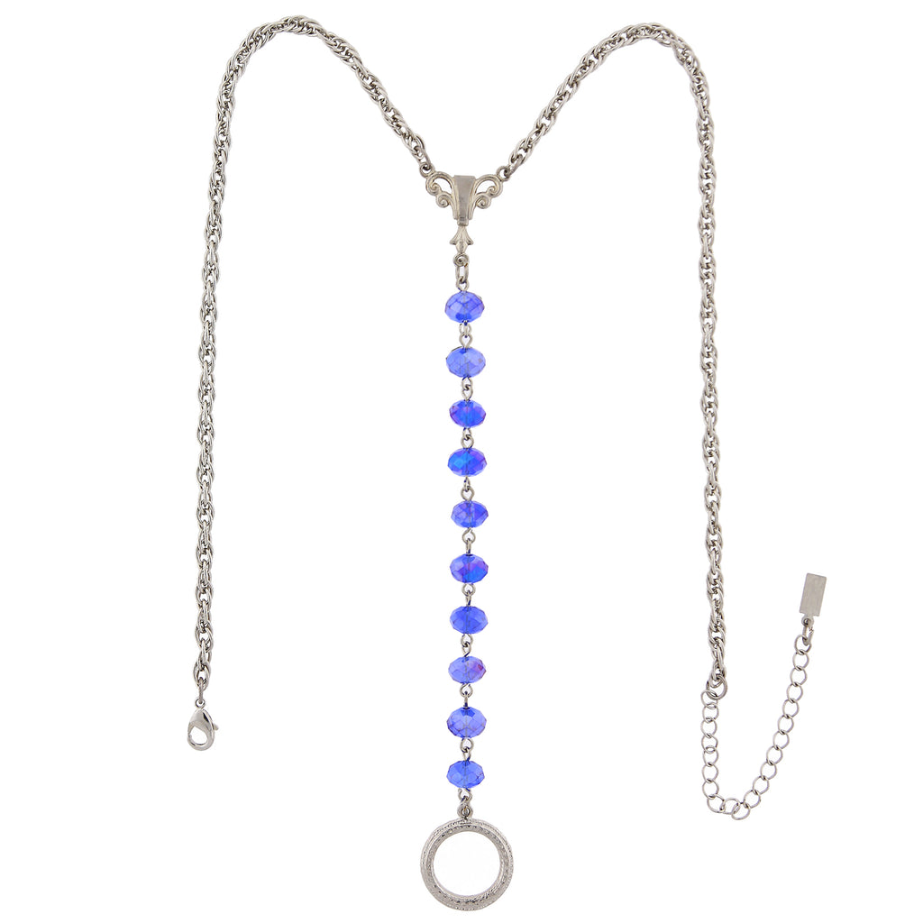 Blue 1928 Jewelry Crystal Rosary Badge And Eyeglass Holder Y-Necklace 16" + 3" Extender