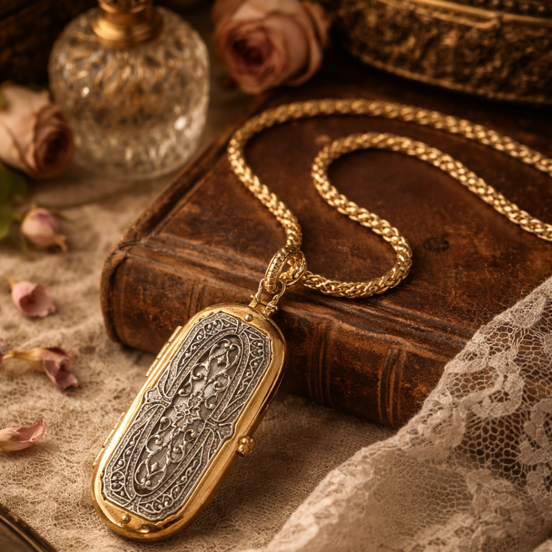 Classic vinaigrette locket necklace on a vintage table setting with a book, flower pedals, and glass perfume bottle.