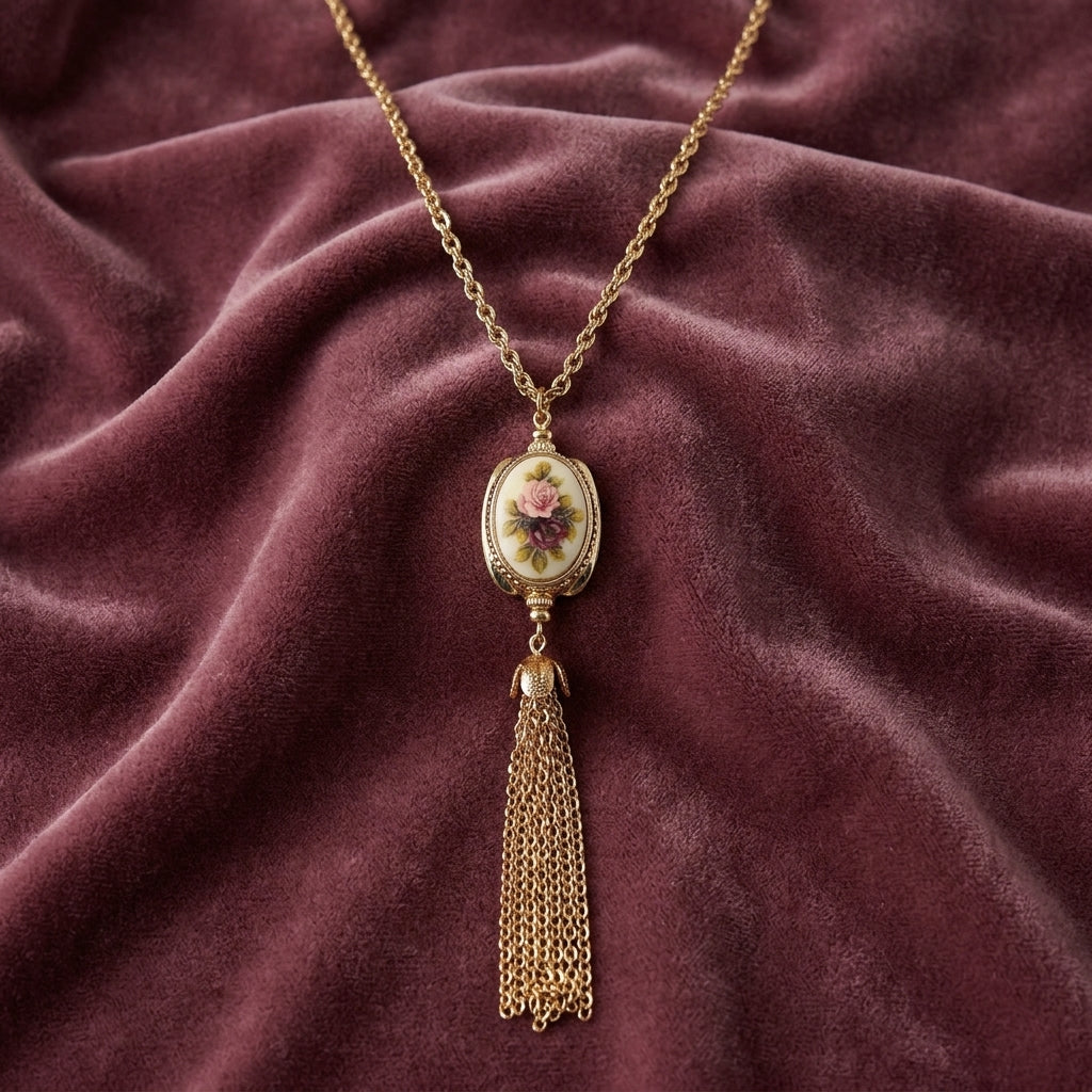 Manor House Ivory 3-Sided Roses Spinner Tassel Y-Necklace on a maroon fabric background