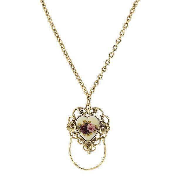 1928 Jewelry Manor House Ivory Floral Heart Decal, Badge And Eyeglass Holder Chain Necklace 30"