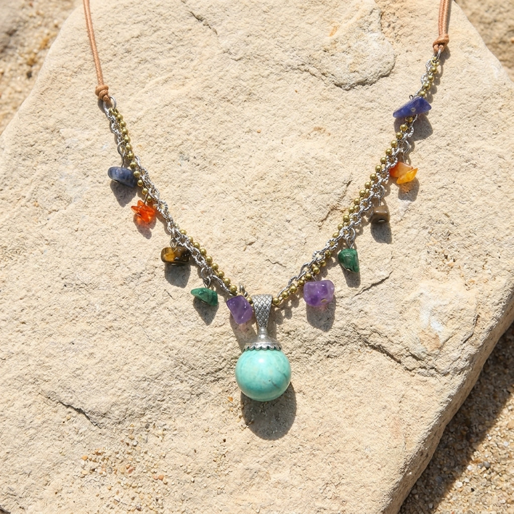 Leather Cord Multi Stone Turquoise Pendant Necklace resting on a beige stone surface. 